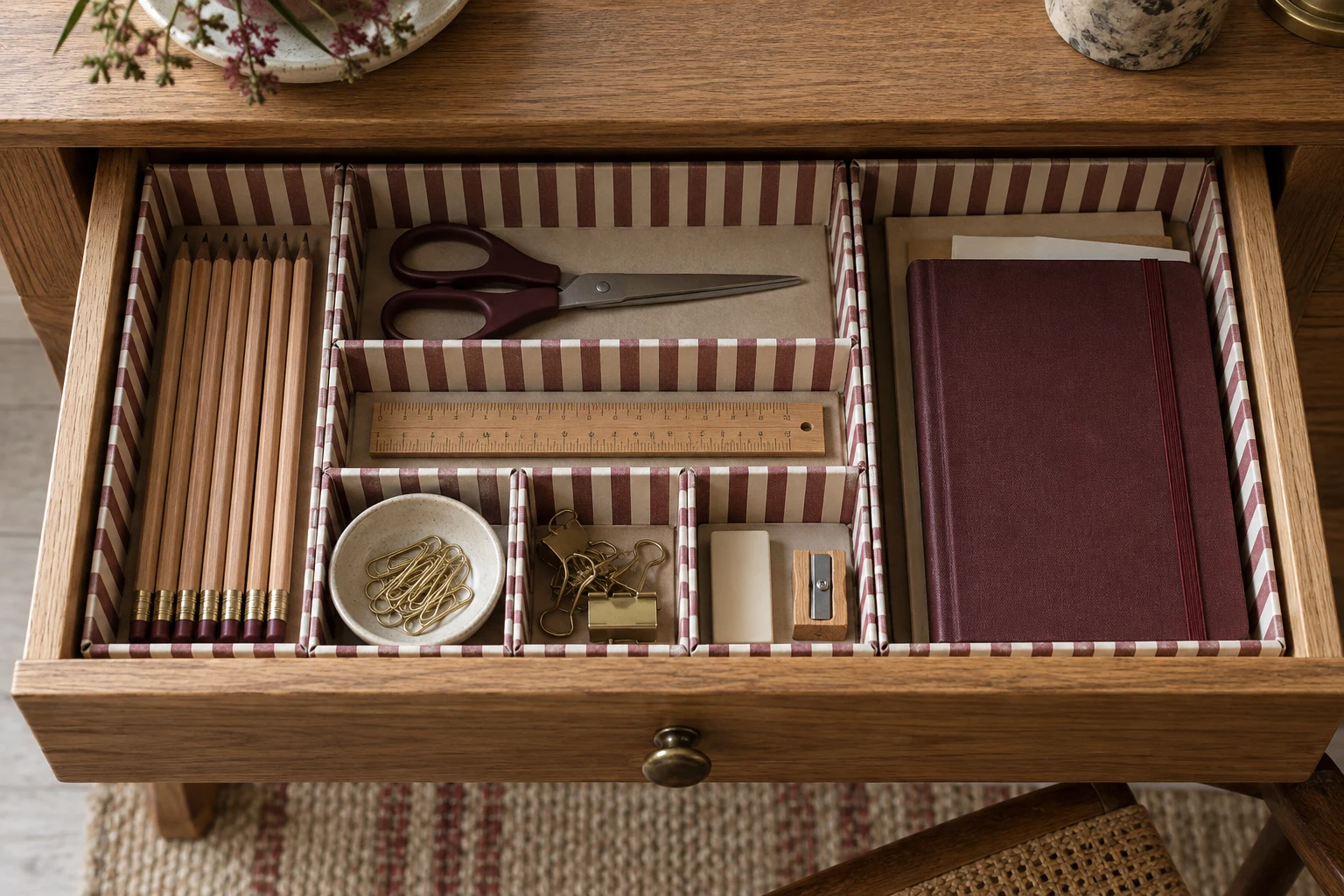 AI concept of paper-covered cardboard dividers holding stationery in a desk drawer