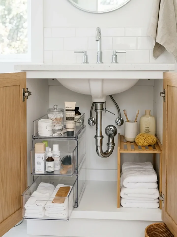 AI concept rendering of organized freestanding storage bins and expandable shelves under a modern bathroom sink.