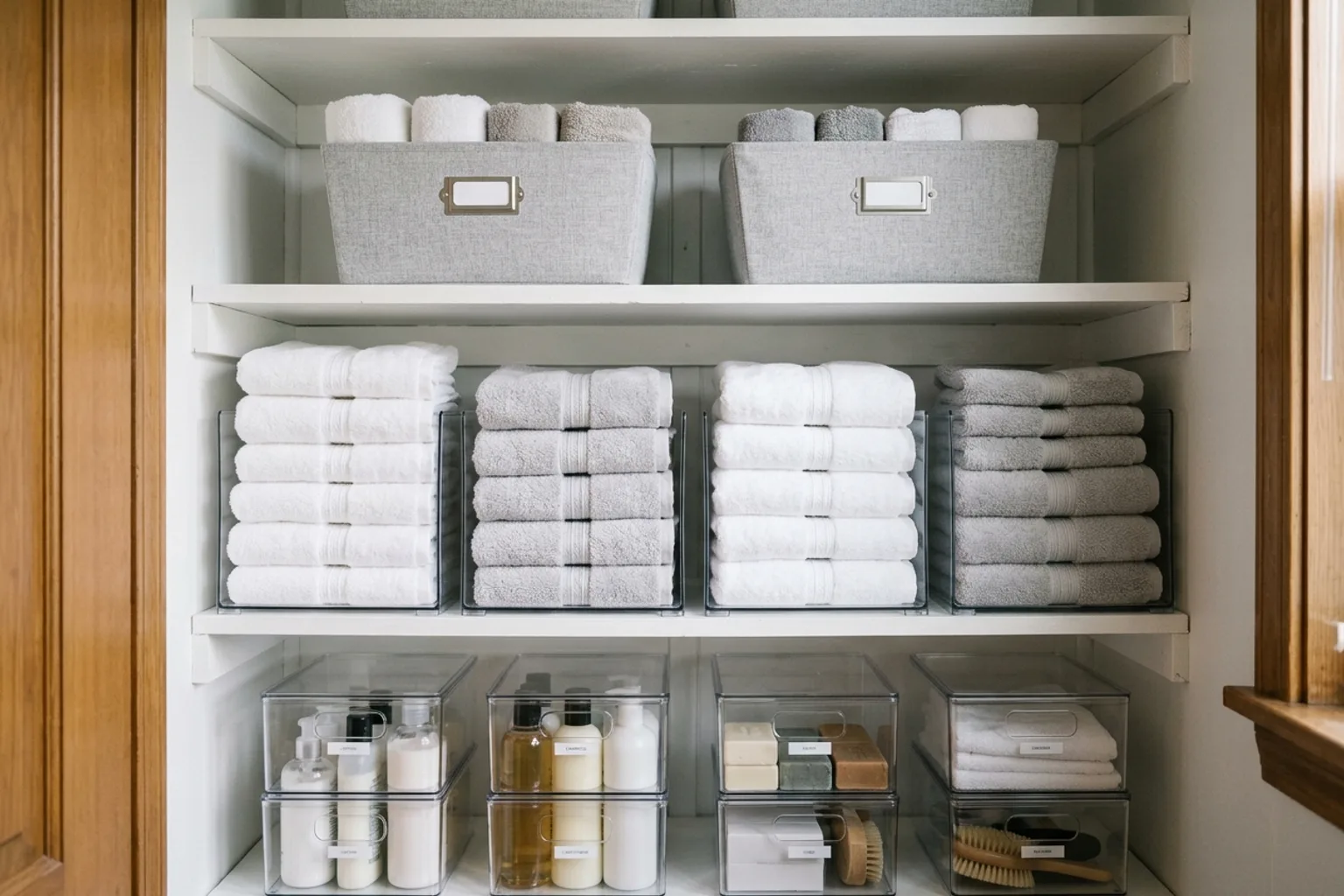 An AI concept of a small, well-organized rental linen closet featuring clear acrylic shelf dividers and fabric bins.