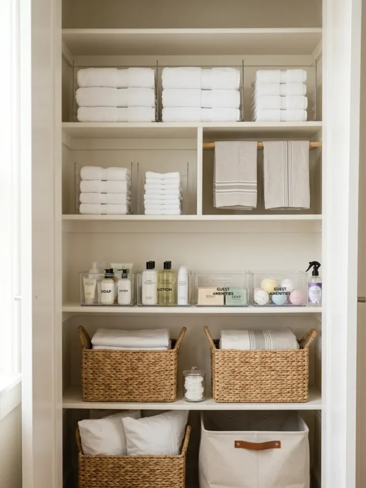 An AI-generated editorial interior depiction of a neatly organized small rental linen closet with acrylic shelf dividers and woven storage baskets.