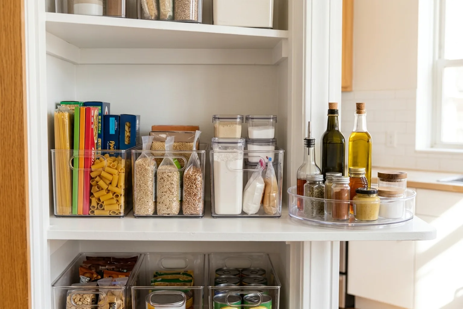 Well-organized small pantry shelf featuring a freestanding turntable for cooking oils and clear rectangular acrylic bins holding dry ingredients.