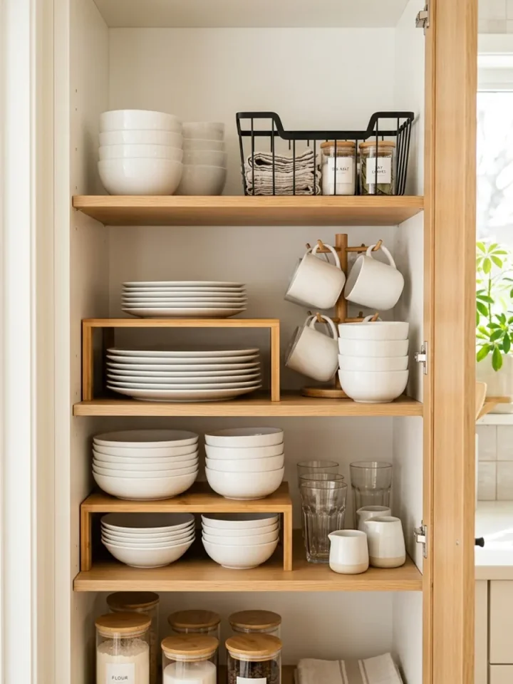 AI concept of an organized apartment kitchen cabinet featuring freestanding modular risers and wire storage inserts.