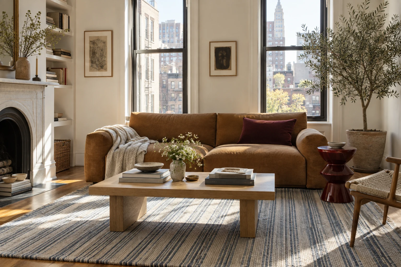AI concept of a sunlit small living room with an oak coffee table and caramel sofa