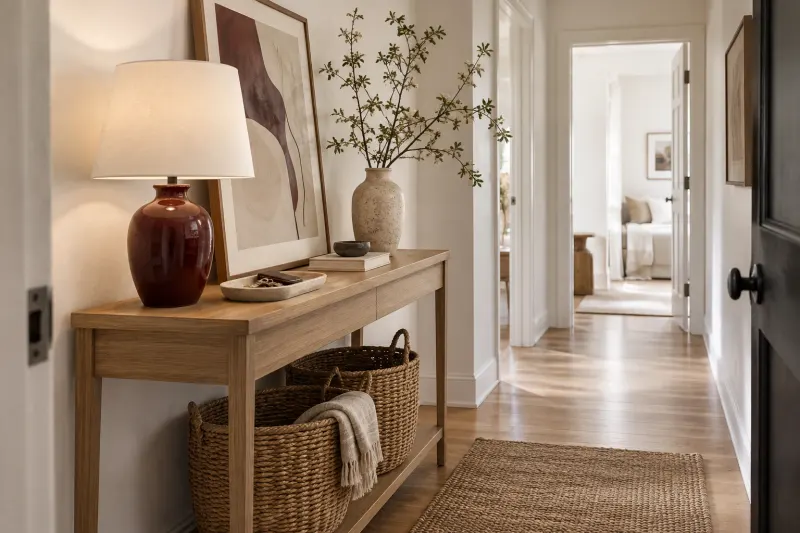 AI concept of a narrow entryway with an oak console and woven storage baskets