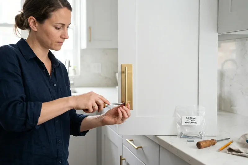 Close-up of a satin brass cabinet pull and protective backplate being installed with a manual screwdriver on a painted kitchen door.