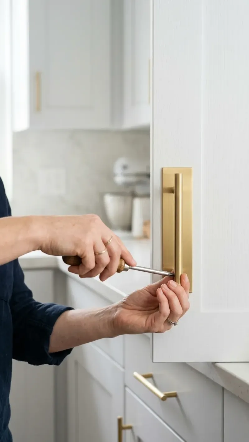 AI concept depiction of installing new hardware on a modern kitchen cabinet using a handheld screwdriver.