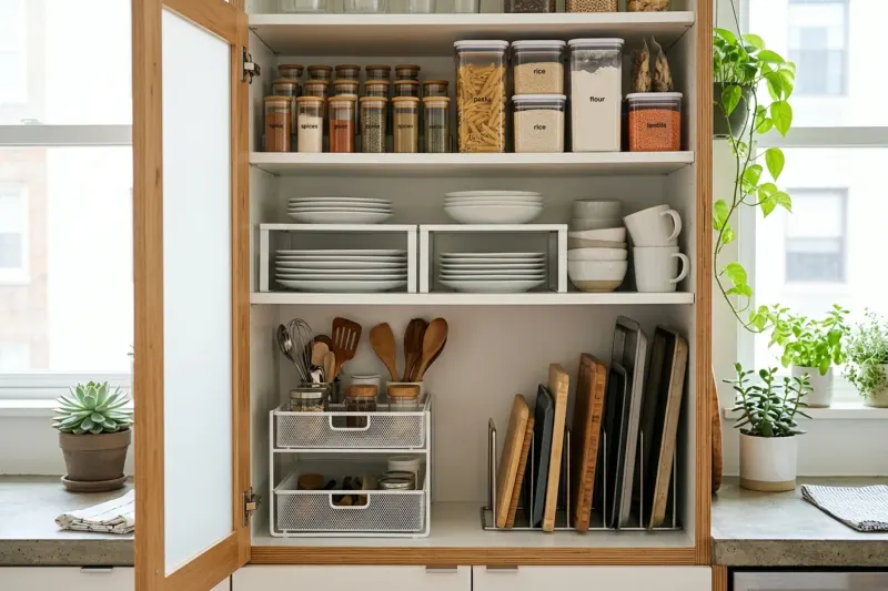 An AI concept of an organized apartment kitchen cabinet utilizing freestanding shelf risers, vertical pan racks, and modular wire baskets to maximize vertical storage space.