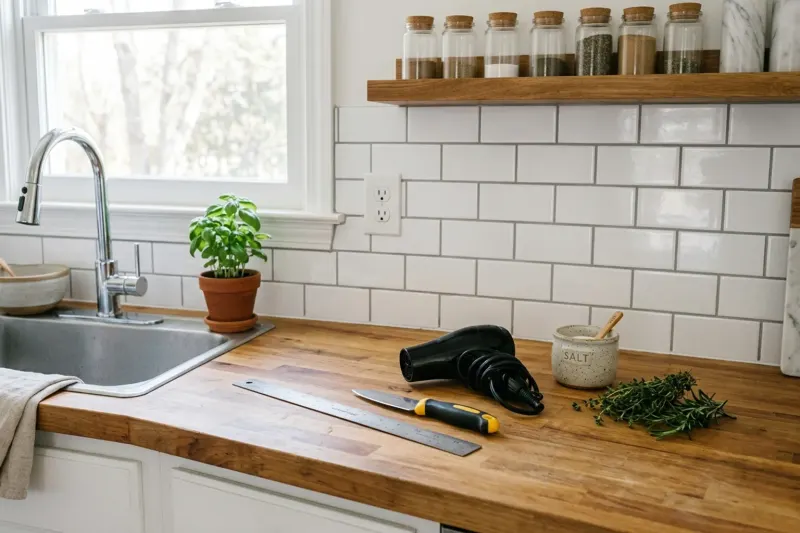 AI concept of a kitchen counter with installed removable peel-and-stick backsplash tiles alongside measuring and installation tools.
