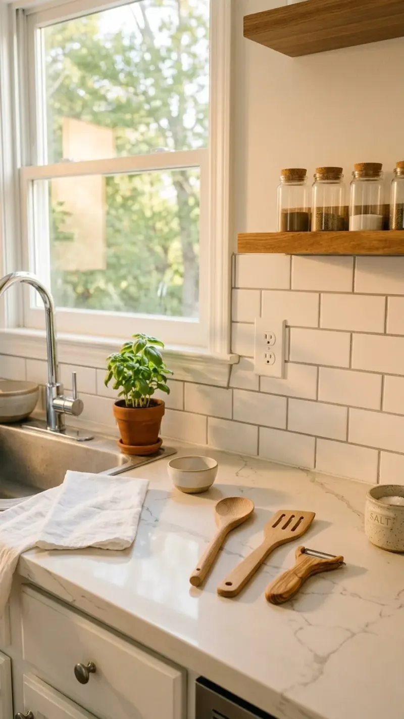 AI-generated editorial concept of a modern kitchen backsplash installed along a clean countertop.