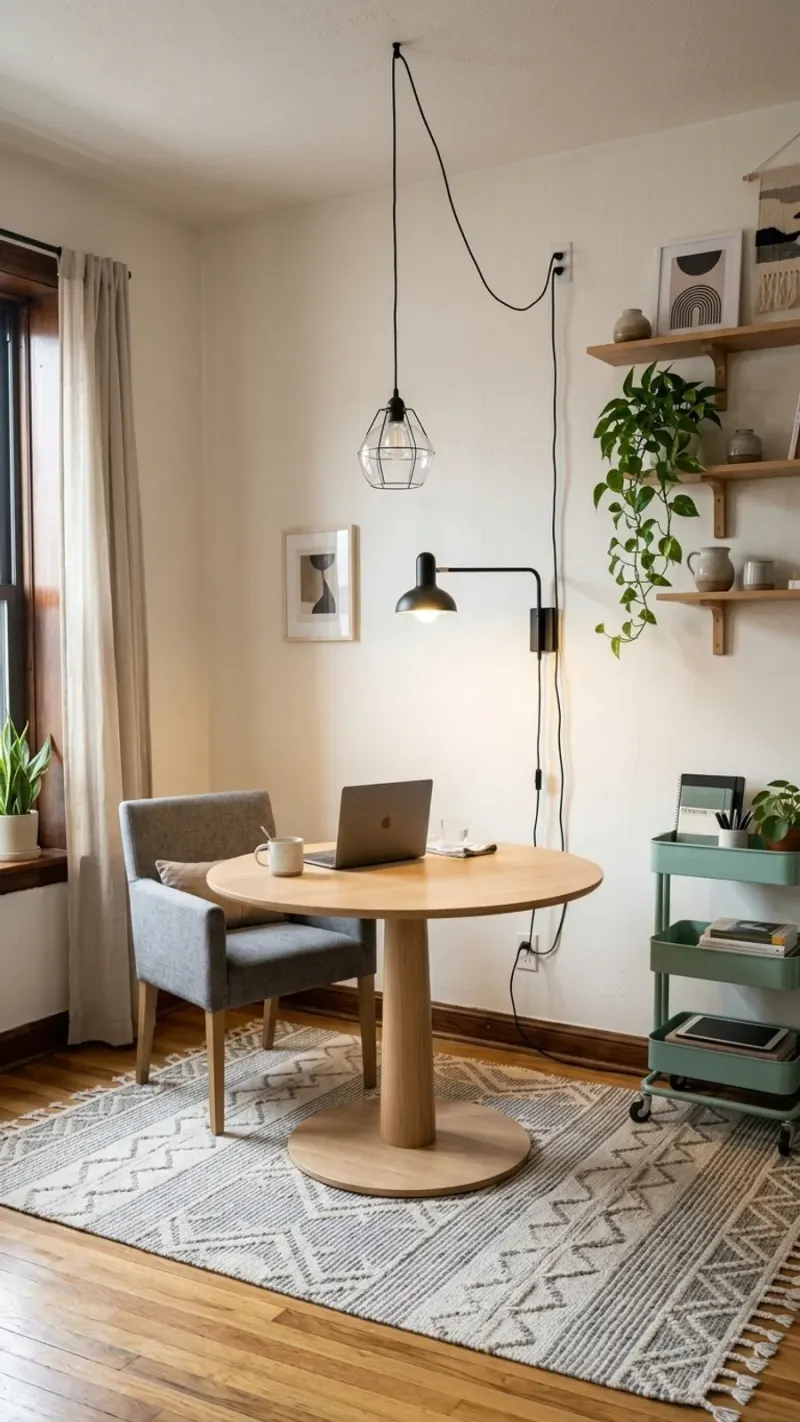 AI concept of a compact multipurpose work and dining nook in a bright rental apartment.