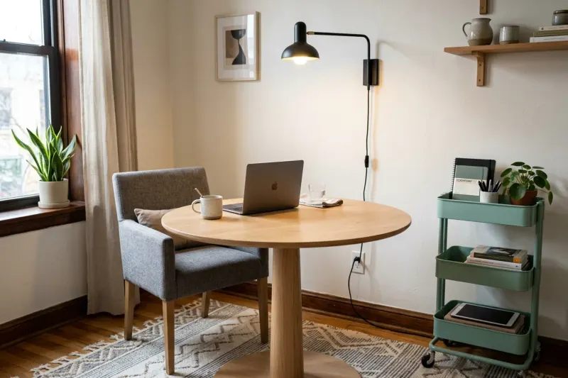 A compact round oak dining table and upholstered chair set up in an apartment corner with a plug-in wall light and rolling storage cart.