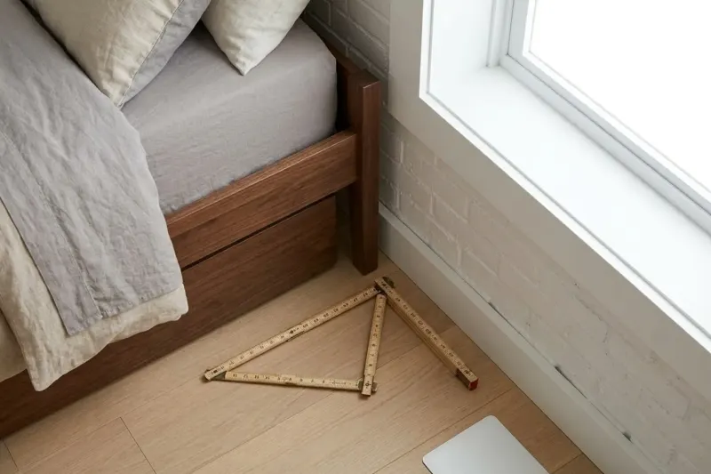 AI concept illustration showing an overhead view of a narrow floor walkway between a bed frame and a bedroom wall.