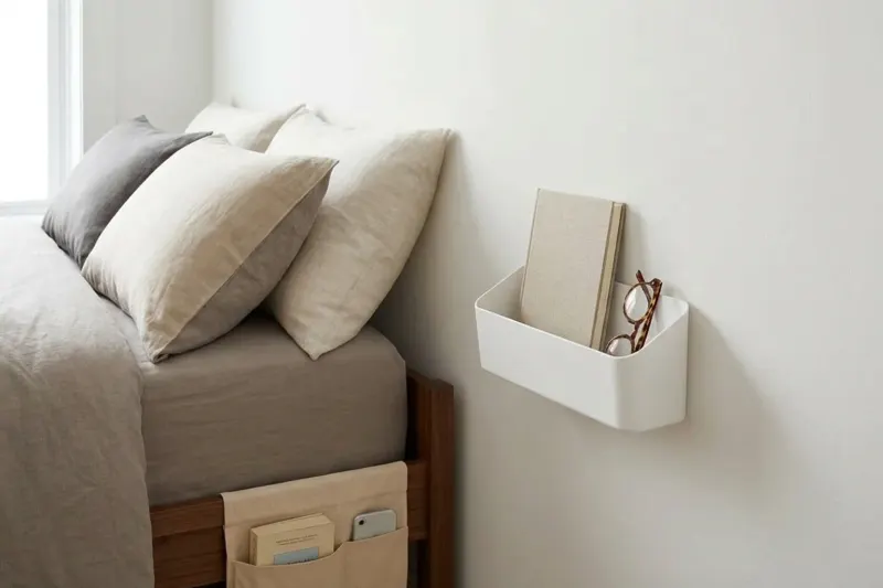 AI concept illustration of a wall-mounted rental storage caddy positioned on the perpendicular wall beside the head of a bed.