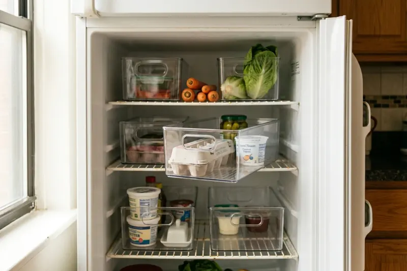 Open interior of a compact rental refrigerator organized with modular clear acrylic bins on wire shelves.