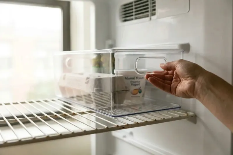 Clear storage bin positioned on a refrigerator shelf with open clearance behind it.