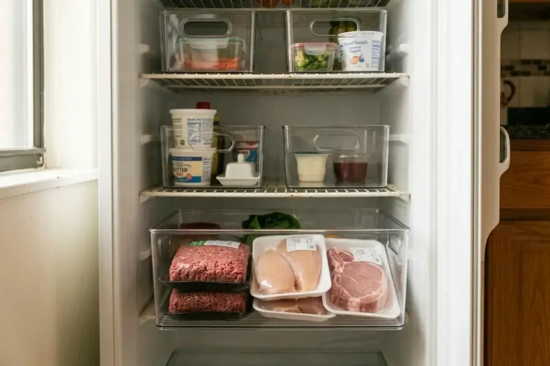 Solid-sided plastic bin holding packaged raw meat on the lowest refrigerator shelf.