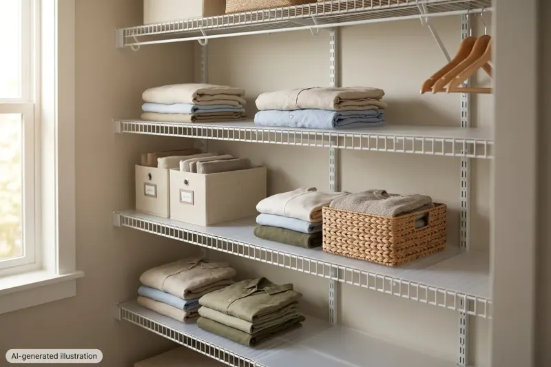 A rental closet wire shelf fitted with custom drop-in flat liners holding folded clothes and small baskets.