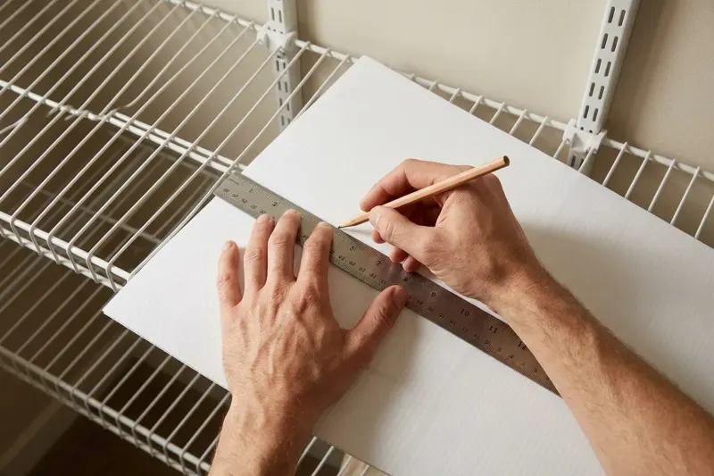 Hands marking a white plastic liner panel to size against a wire closet shelf.