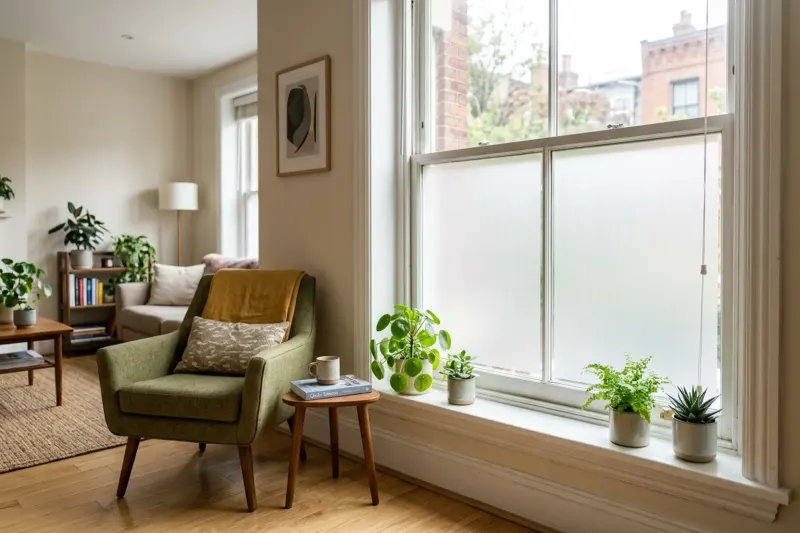 Rental apartment window featuring frosted static-cling privacy film on the lower pane.