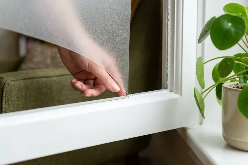 Close-up showing the critical 1/16-inch clearance gap between static-cling window film and the window frame caulking.
