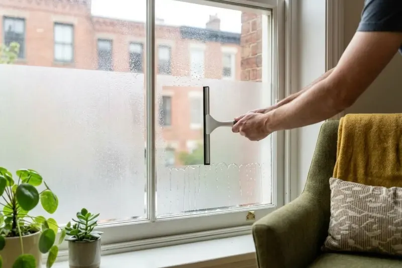 Detail view showing the center-outward herringbone squeegee technique on lubricated privacy window film.