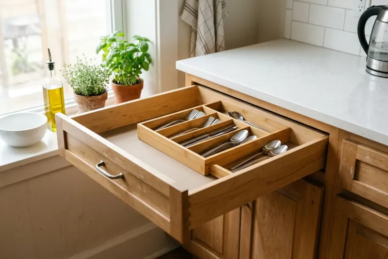 An open rental kitchen drawer lined with a neutral non-adhesive grip mat holding bamboo organizer trays.