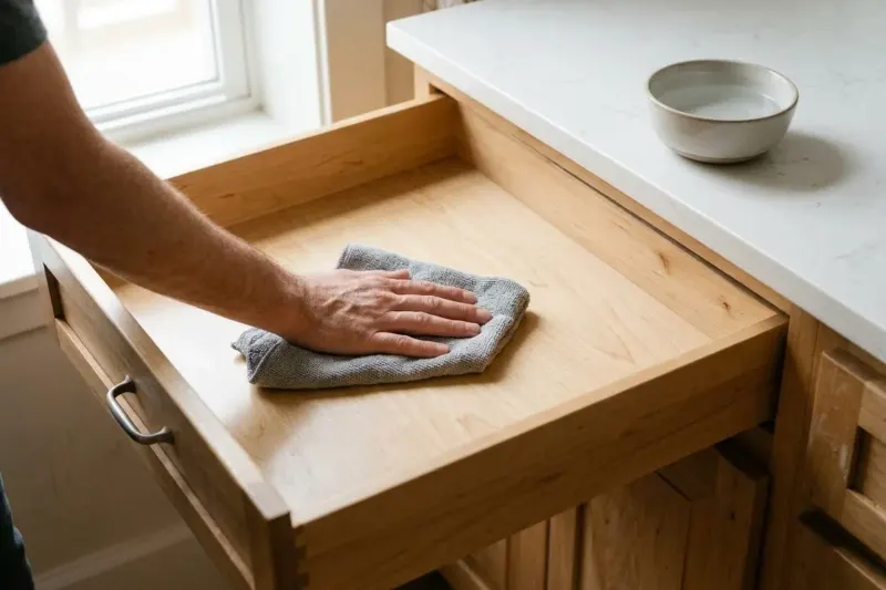 An open wooden kitchen drawer being wiped clean with a microfiber cloth.