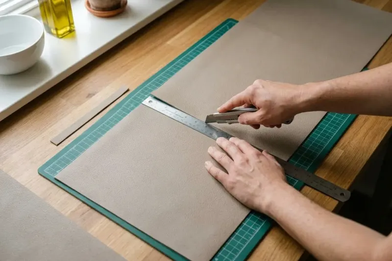 A neutral-toned non-adhesive liner being trimmed with a utility knife along a steel straightedge.