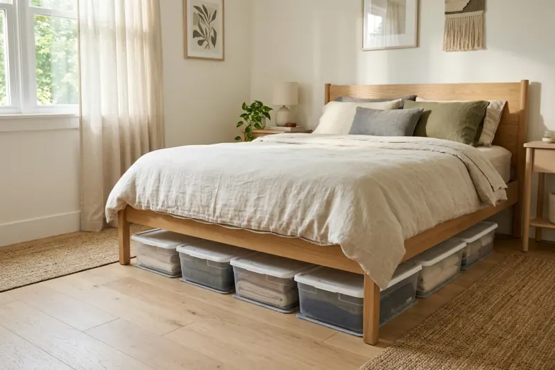 AI concept illustration of shallow plastic storage bins organized neatly beneath a low platform bed on hardwood flooring.