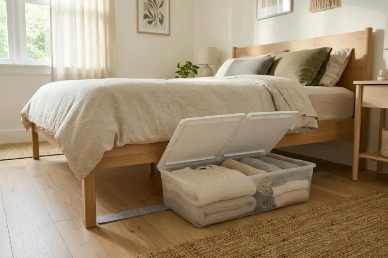 AI concept illustration showing a split-hinged low-profile container pulled halfway out to access folded linens.