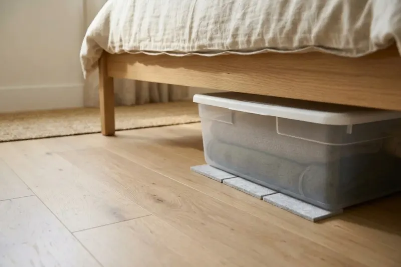AI concept illustration of felt protective padding mounted to the bottom runner of an under-bed plastic box.